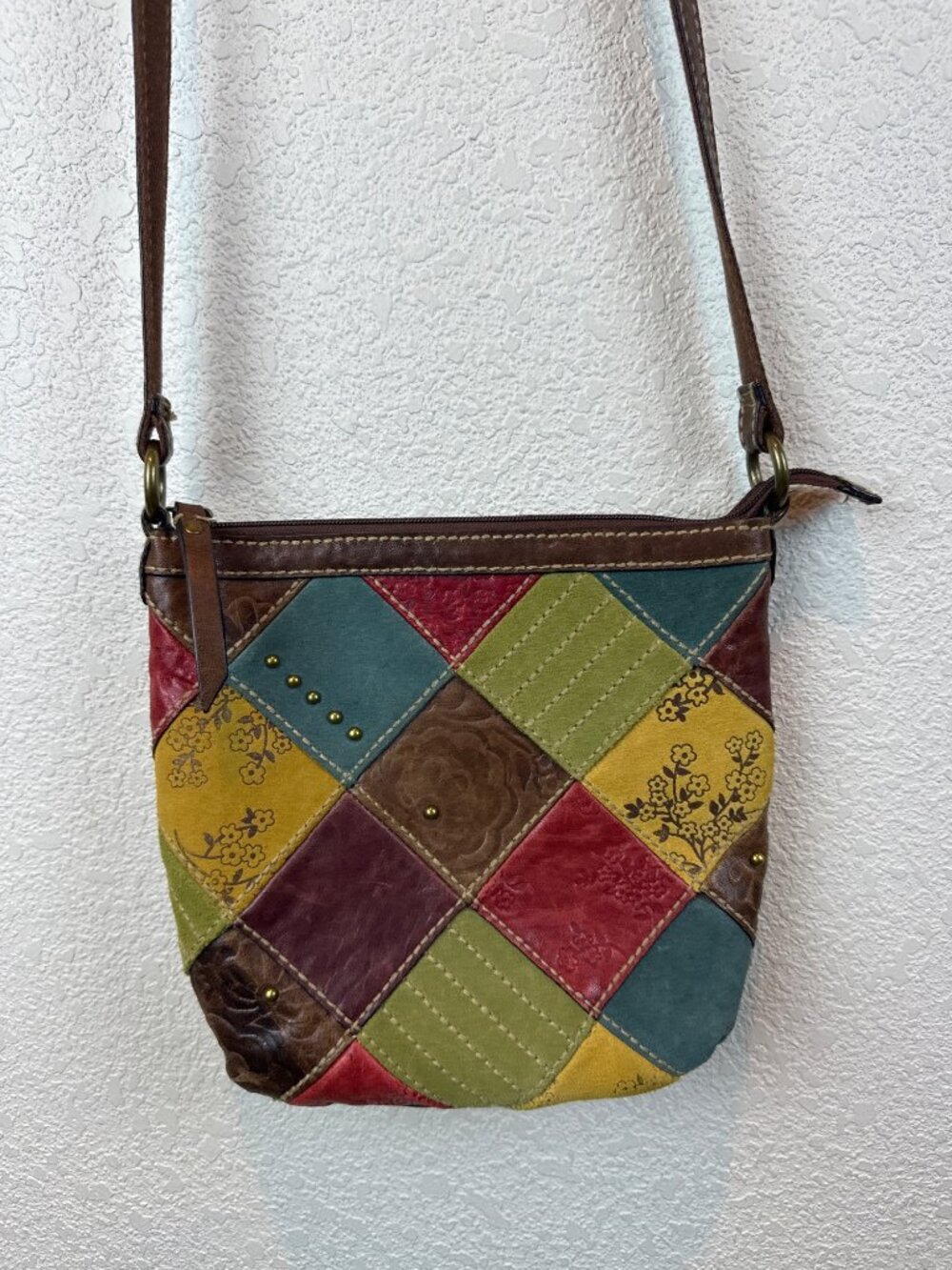 Fossil Patchwork Leather Crossbody Bag Boho Colorblock Shoulder Purse Y2K - Picture 3 of 13
